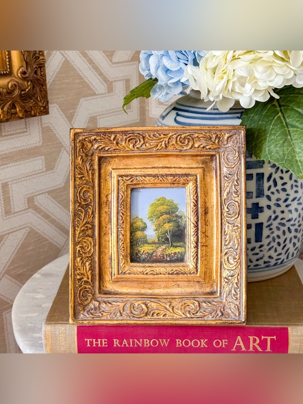 8”x7” Framed Miniature Landscape Oil Painting in Ornate Gold Gilt Frame Trees